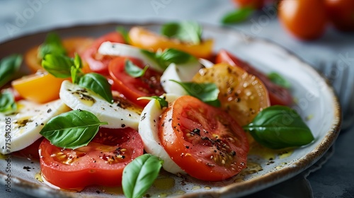 Colorful Caprese Salad with Ripe Tomatoes, Mozzarella Cheese, and Basil Leaves on an Elegant Plate