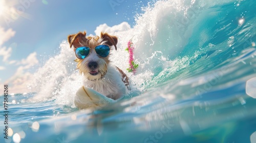 Surfer jack russell dog surfing on a wave , on ocean sea on summer vacation holidays, with cool sunglasses and flower chain .