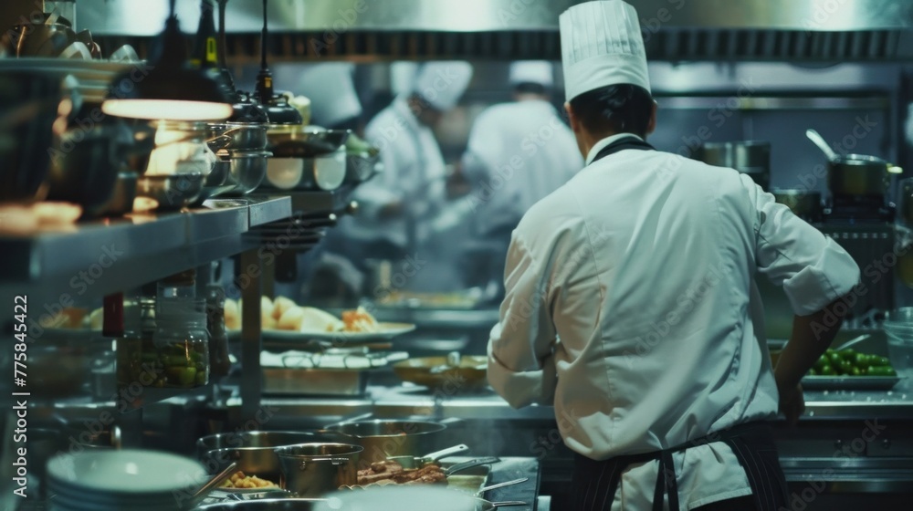 Exhausted chef working tirelessly in a busy restaurant kitchen. Exhausted chef working tirelessly in a busy restaurant kitchen.