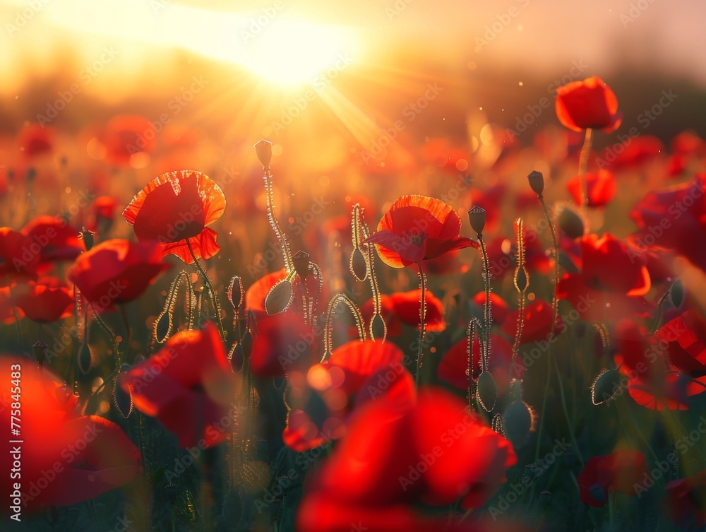 Fototapeta premium field of poppies at sunrise, beautiful summer landscape with red flowers in the meadow, vibrant background with morning sun rays and misty air