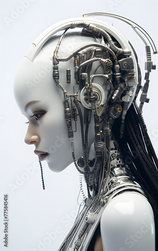 Portrait of futuristic robot girl in a cyberpunk style black and white isolated on white background