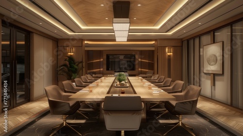 High level meeting of excutive room is decorated with stylish table and chairs around. Conference room is ready for next level of executive meeting.  photo