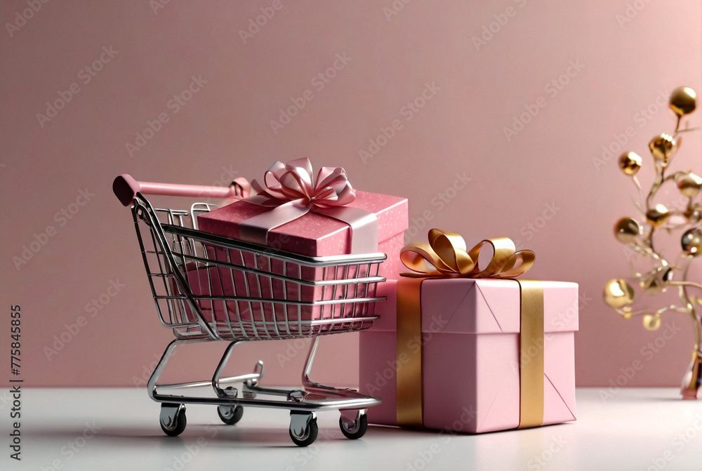Sparkling Pink Gift Box Beside Mini Shopping Cart at white background. Radiant pink gift with gold bow next to tiny cart with smaller present. Happy present shopping concept. Copy ad text space poster