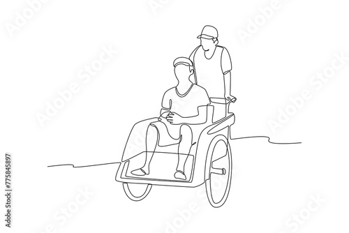 Environmentally friendly transport powered by renewable energy sources and green trasnportation. Pict of man riding a rickshaw. Gyroboard, bicycle, scooter, scooter,skateboard. Vector vehicles. photo