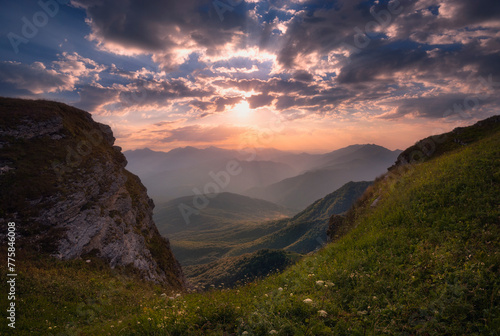 Magic sunrise view of caucasus mountains in Georgia