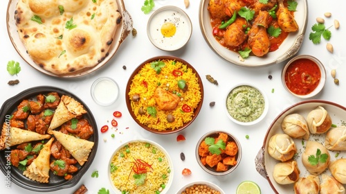 Desi, Indian traditional food set, top view. pizza, hummus, biryani, chicken curry, momos, tikka, korma, samosas. Food collection set isolated on white background. Ramadan iftar food collection set.