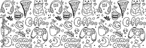 Game over seamless pattern. Hand Drawn Doodle teen activities, gamepad, coffee, pizza. Video Games and stream channel Background. Gadget icons Gaming cool print for boys and girls. Vector illustration