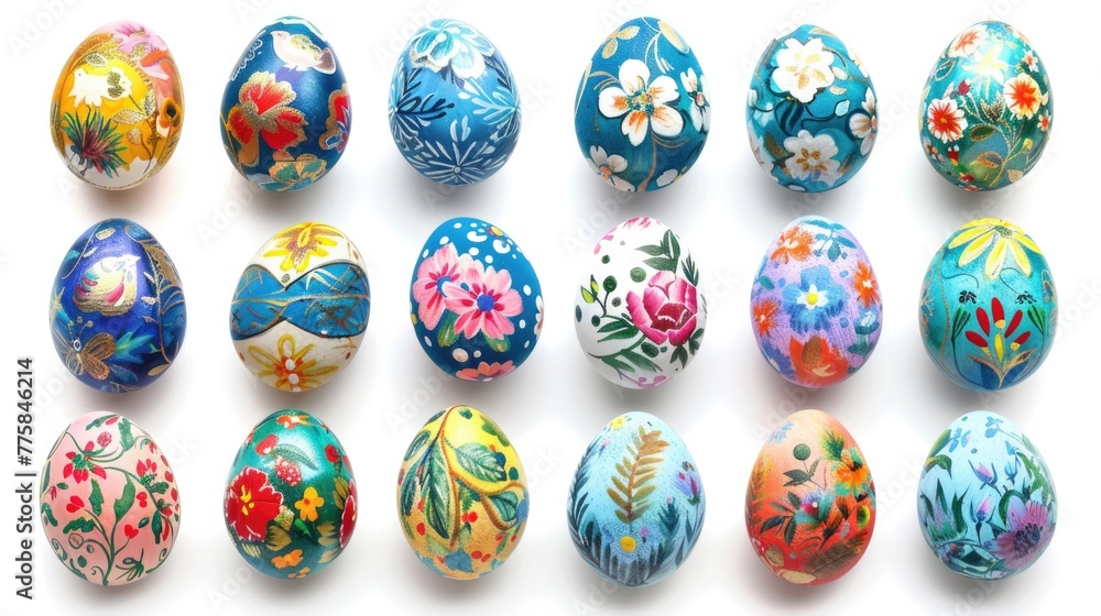 Collection of colourful hand painted decorated easter eggs on white background cutout file. Pattern and floral set. Many different design. Mockup template for artwork design Collection of colourful hand painted decorated easter eggs on white background cutout file. Pattern and floral set. Many different design. Mockup template for artwork design