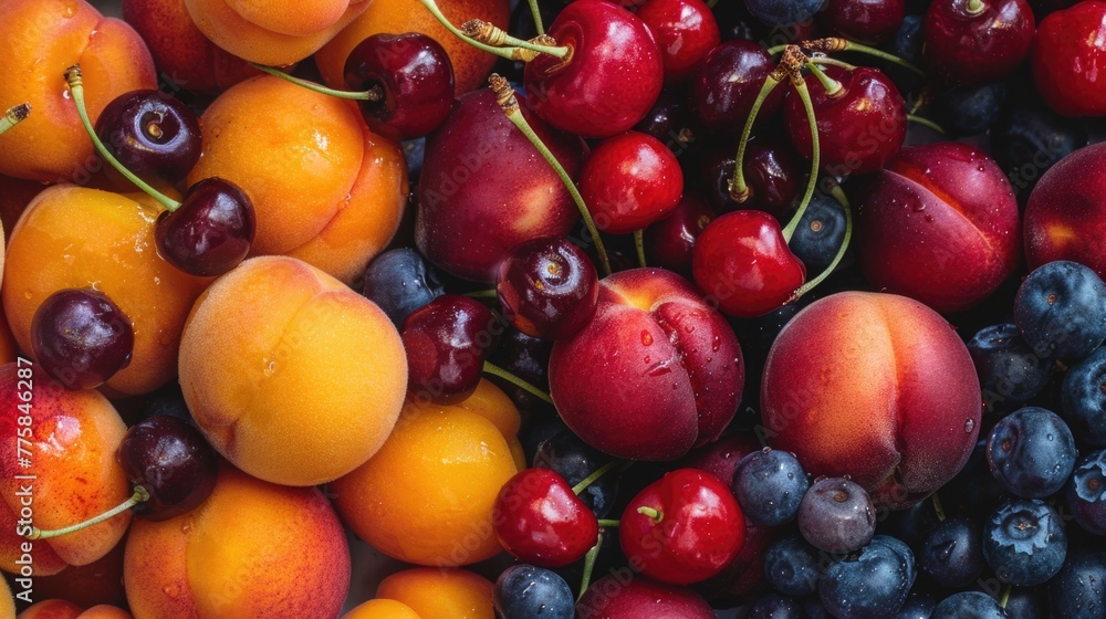 Close up of mixed summer fruit: berries, peaches, cherries. Nutrition vitamins Close up of mixed summer fruit: berries, peaches, cherries. Nutrition vitamins