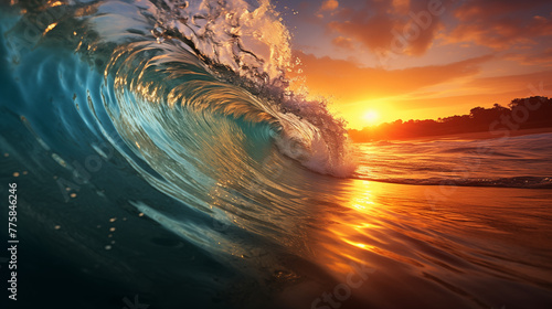 Powerful Ocean Wave at Sunset with Warm Light