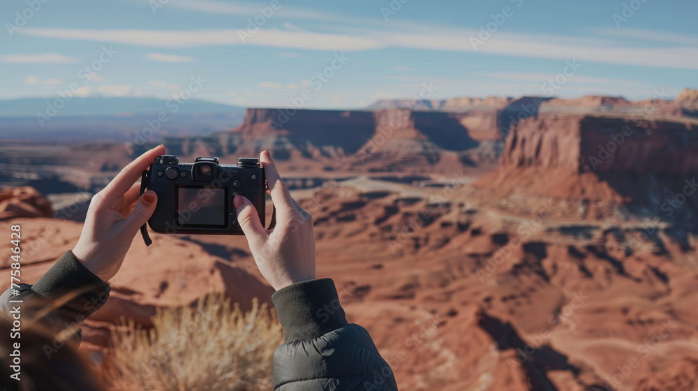 Fototapeta premium A person frames the vast, serene landscape of a desert canyon through the lens of a camera, invoking the spirit of adventure