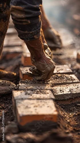 Capturing the essence of hard work and precision  a bricklayer expertly lays brick on cement mix on a construction site, embodying the drive to alleviate the housing crisis with affordable housing photo