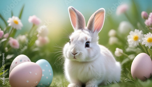 The adorable white bunny is sitting on the green grass, with Easter eggs and flowers nearby. Easter festivity. Generative ai. © ELENA AI