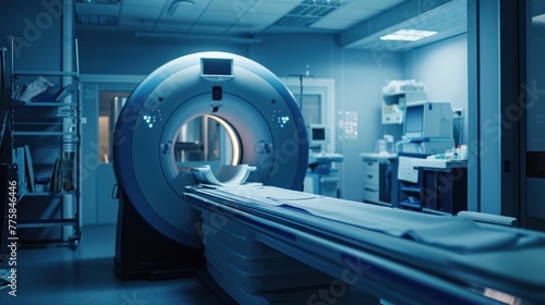 Advanced MRI or CT scan machine in a hospital lab for medical diagnosis. photo