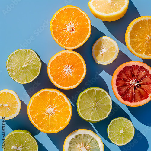 Vibrant Citrus Slices Assortment on Blue Background with Shadows  Freshness Concept