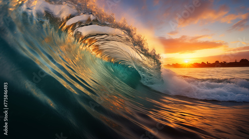 Golden Sunset Wave Cresting with Reflection on Water
