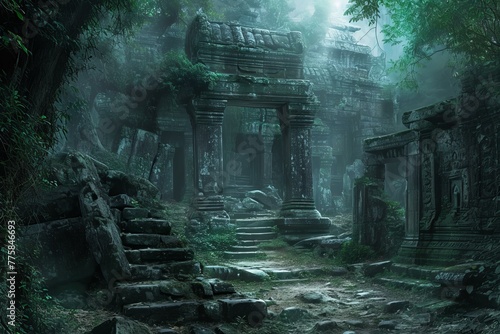 Verdant Ancient temple forest. Architecture famous. Generate Ai