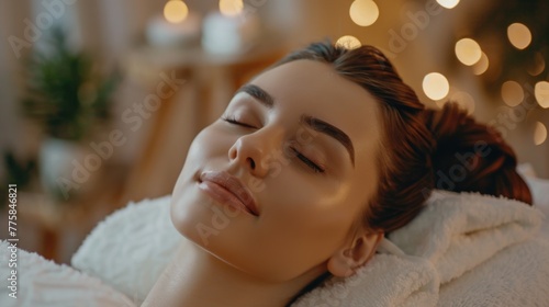 Beautiful young woman enjoying massage in spa salon. Relaxed brunette girl lying on massage bed with closed eyes during spa treatment procedure. Beauty treatment  skin care  wellbeing