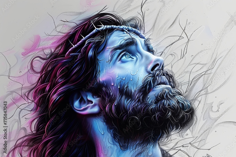 Fototapeta premium Poignant black and white pencil illustration of Jesus Christ with a crown of thorns looking skyward.