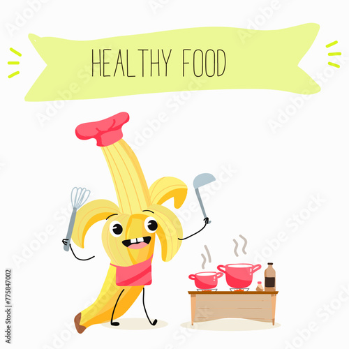 Cute characters bananas, funny fruits, characters with different activities. Flat vector illustration. Organic food, healthy food, illustrations for kids menu, invitations.