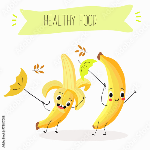 Cute characters bananas, funny fruits, characters with different activities. Flat vector illustration. Organic food, healthy food, illustrations for kids menu, invitations.