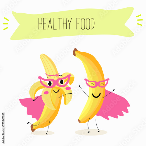 Cute characters bananas, funny fruits, characters with different activities. Flat vector illustration. Organic food, healthy food, illustrations for kids menu, invitations.