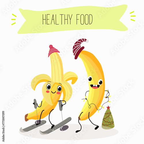 Cute characters bananas, funny fruits, characters with different activities. Flat vector illustration. Organic food, healthy food, illustrations for kids menu, invitations.