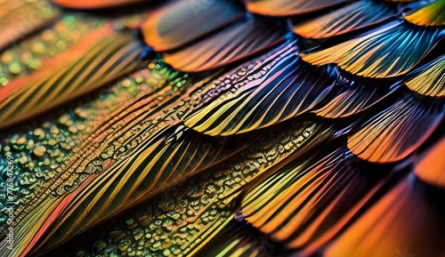 The elaborate and vibrant markings on the wing of a tropical butterfly beautifully showcase its brilliance and intricate details, producing a visually stunning texture.