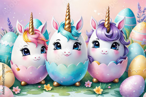 Easter holiday card with eggs and unicorn funny cartoon characters in watercolor style. © EL_design