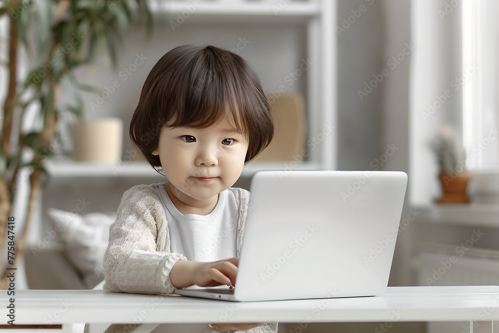 Cute Asian girl is using computer laptop. Child play, education remote. Home distance learning at school through games Cute Asian girl is using computer laptop. Child play, education remote. Home distance learning at school through games