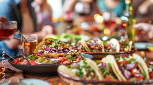 Tantalizing taco spread with friends enjoying lively gathering, celebrating friendship and good food.
