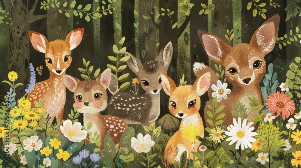 Naklejka premium Charming collage of little animals playing among wildflowers, capturing their playful expressions.