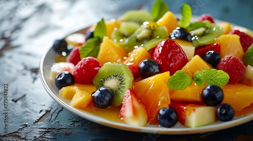 Healthy and Vibrant Mixed Fruit Salad with Mint Leaves on a Blue Textured Surface