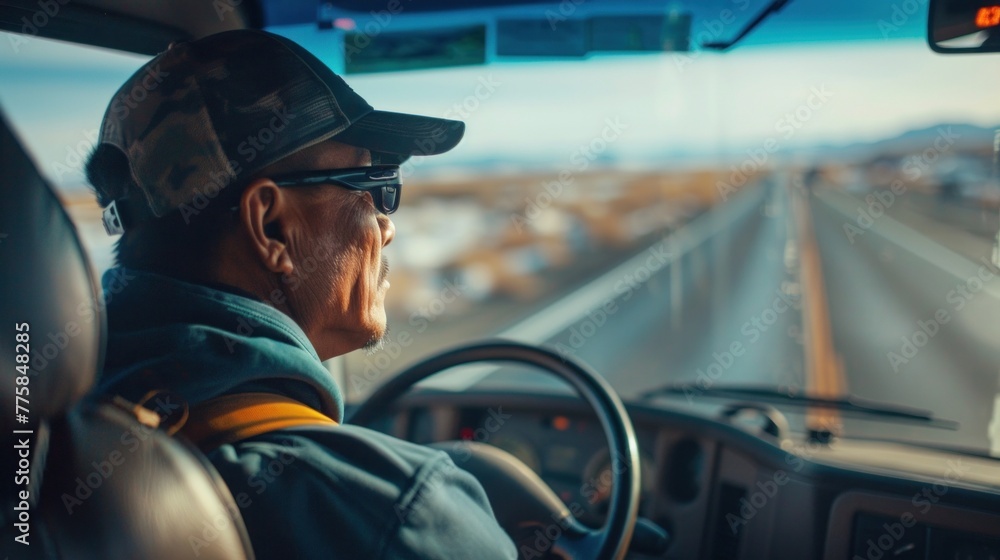 Confident truck driver navigating the open road. Confident truck driver navigating the open road.