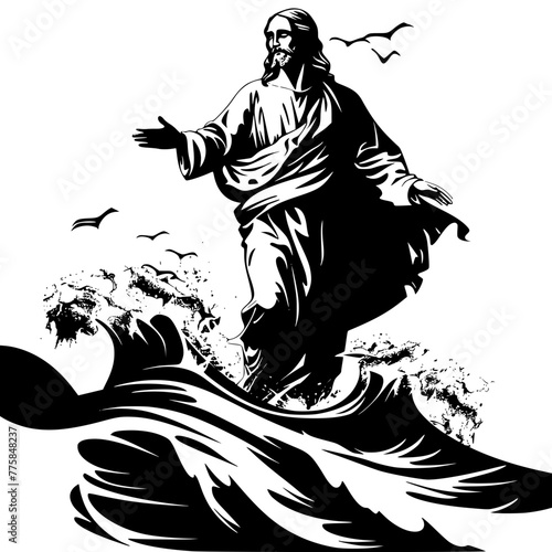 Jesus walking on water waves, black and white vector