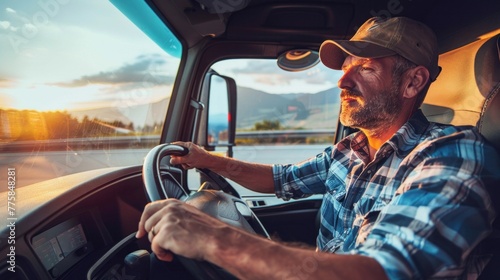 Professional truck driver navigating open road with confidence, gaze fixed ahead. photo