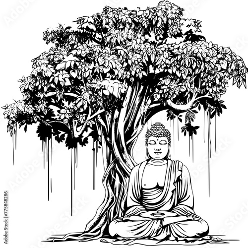 Buddha figure under a banyan tree, vector drawing