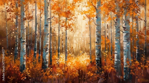 Autumn Birch Forest at Sunset in Oil Painting, immerse in the warm hues and beauty of the changing seasons.
