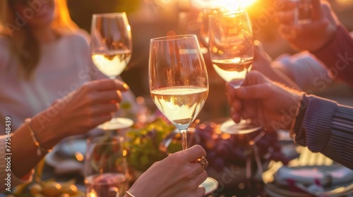 Friends raising glasses in a toast while enjoying a meal together on a patio during sunset.