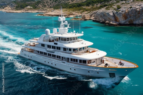 aerial view of a luxury yacht gracefully cruising the clear blue waters, an unparalleled experience of sea exploration