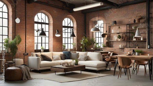 A trendy loft apartment with exposed brick walls, industrial lighting fixtures, and a mix of vintage and modern furniture pieces