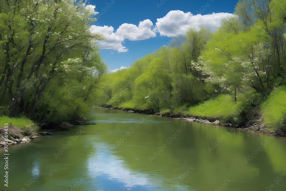 Spring, river, beautiful blue sky Spring, river, beautiful blue sky