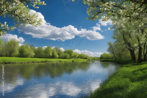 Spring, river, beautiful blue sky