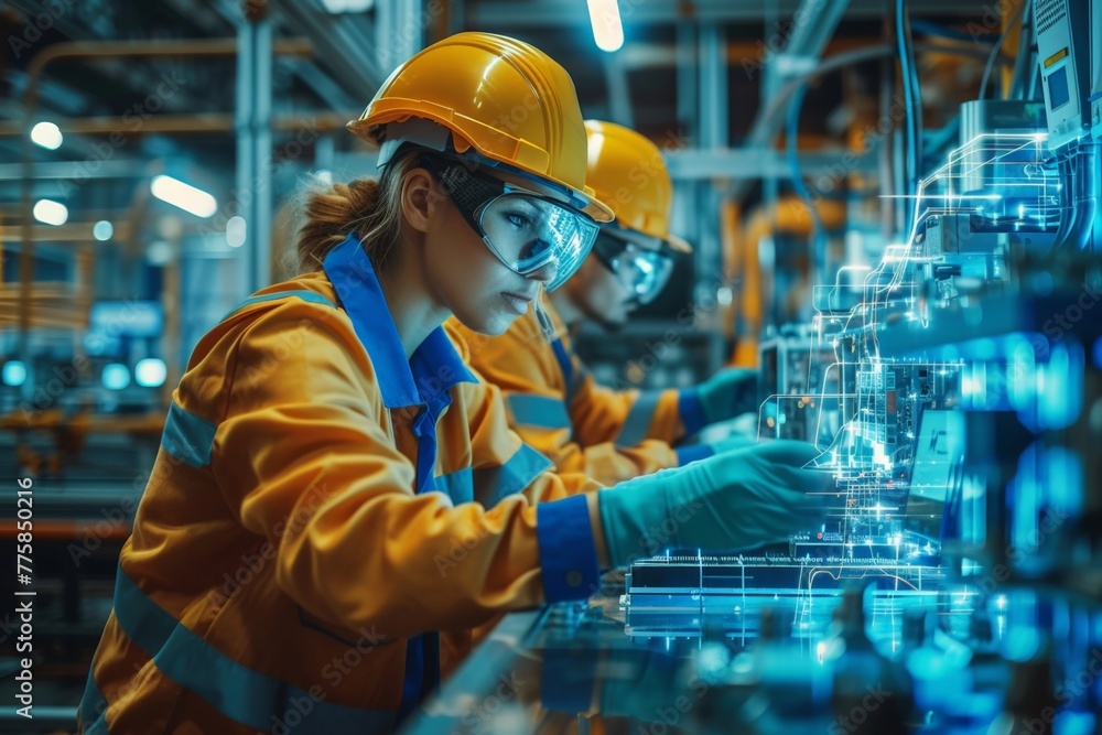 Two female workers operating machinery in industrial factory, one wearing safety glasses and the other wearing a hard hat Two female workers operating machinery in industrial factory, one wearing safety glasses and the other wearing a hard hat