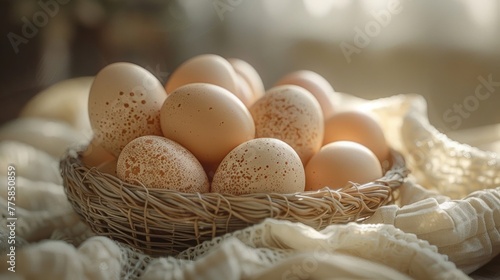 Softly lit basket of eggs offering organic simplicity