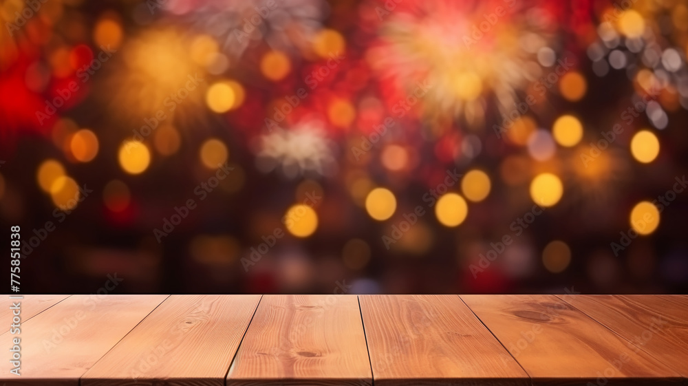Fireworks Lunar New Year in the sky with an empty wooden table top for product placement mockup lights sparkling burst