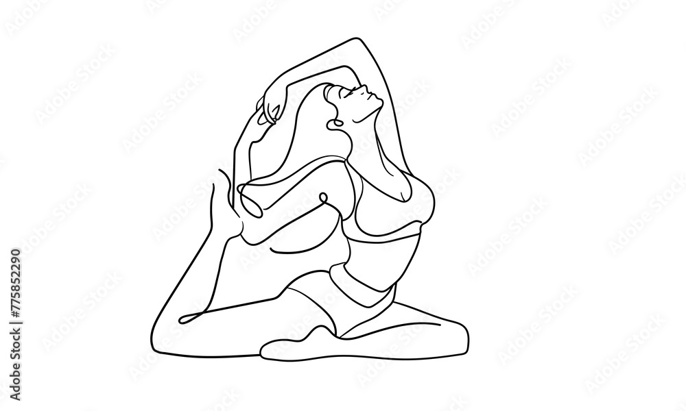 Obraz premium Girl doing stretching continuous line art drawing isolated on white background. Meditation line art drawing. Vector illustration