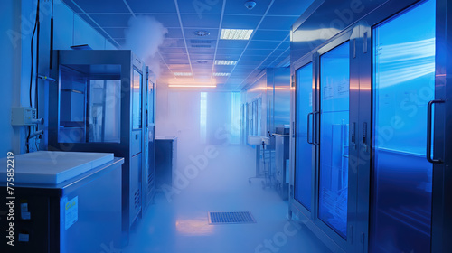 Cryofreeze chamber room laboratory with blue germicidal light. photo
