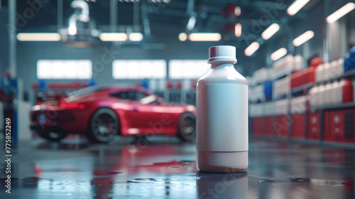 A blank label medication bottle prominently placed in a blurred background of a modern car workshop emphasizing health in industry photo