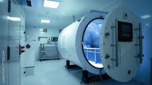 Cryofreeze chamber room laboratory with medical equipment. photo